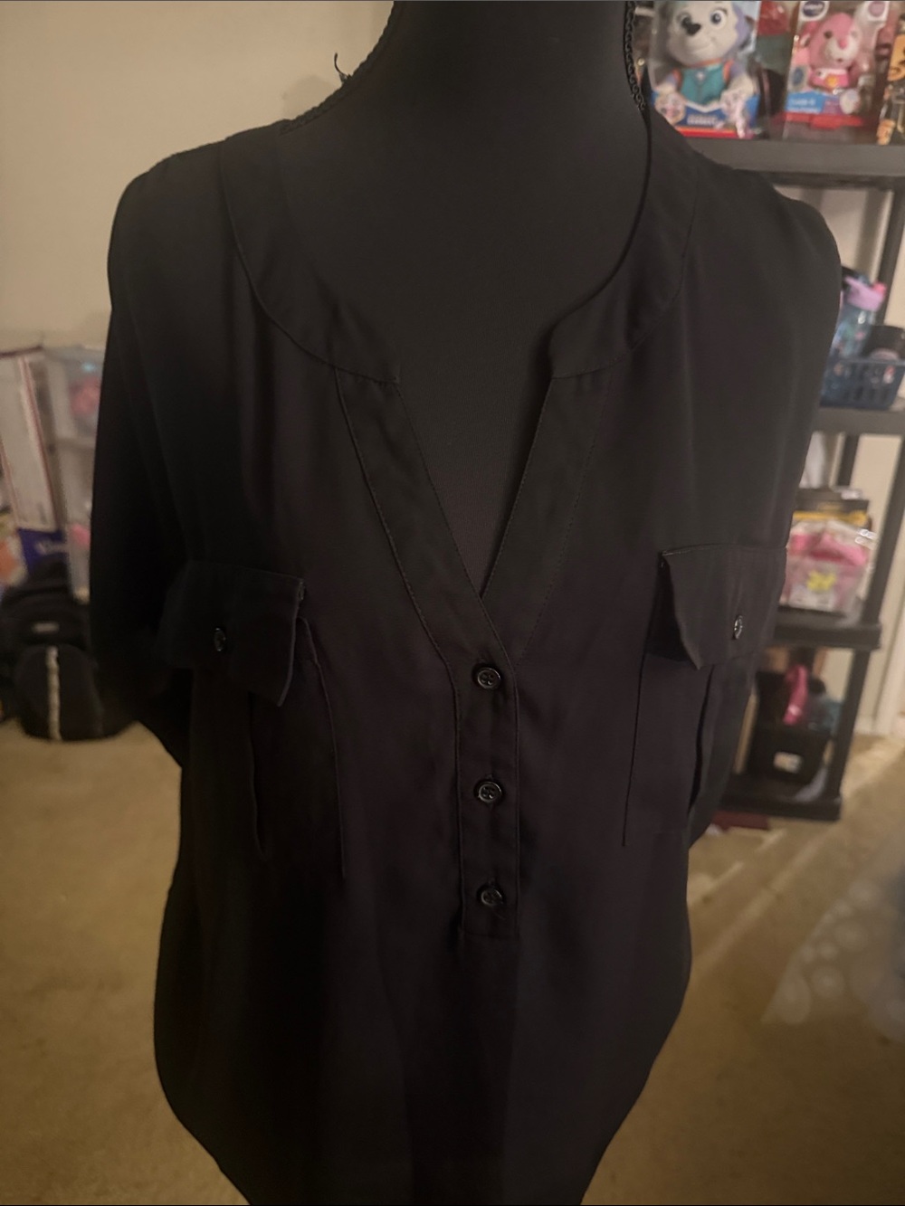 INC International Concepts Black Button-Front Pocket Blouse